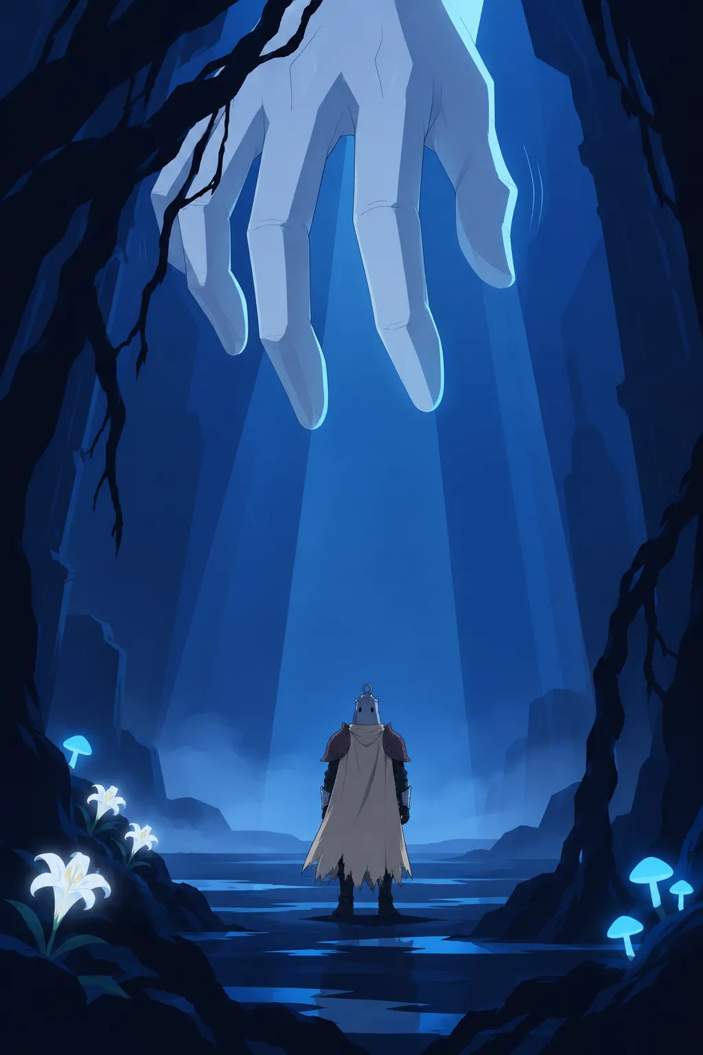 A fragment of an enormous pale bluish hand is glimpsed between the dark twisted trunks of the archway above.