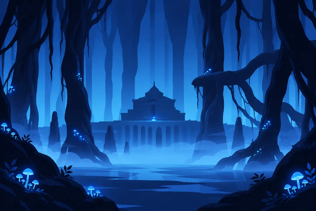 A wide distant view of a temple-like sanctuary framed by colossal dark twisted roots hanging from above, mist covering the ground.