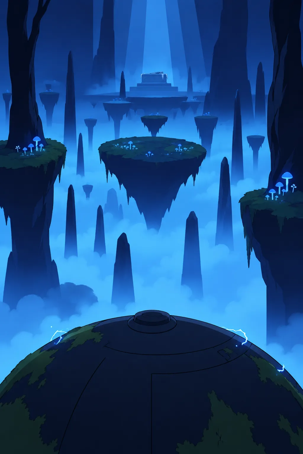 Camera closer now, a large rounded dark shape looms in the foreground while floating moss-covered stone platforms and thin dark spires…