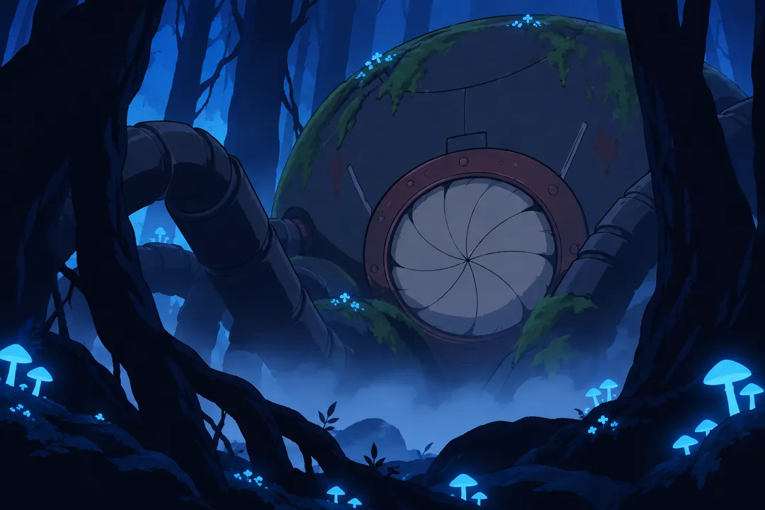A fragment of the alien machine's mossy rounded body is glimpsed huge in the foreground, half hidden between the dark twisted trunks.