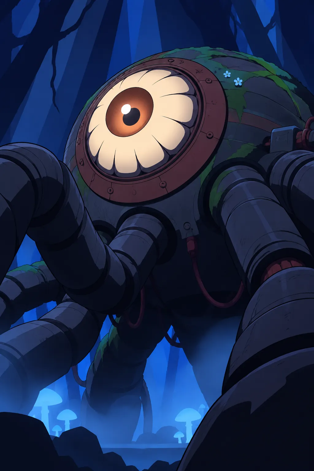 The machine's giant orange-brown eye and spread segmented tube-legs fill the frame, seen from a slightly lower angle.