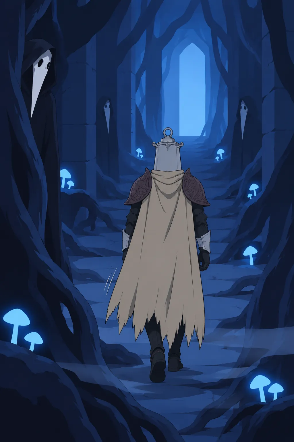 A fragment of a pale-faced hooded robed figure is glimpsed at the edge of the frame between the dark twisted trunks.