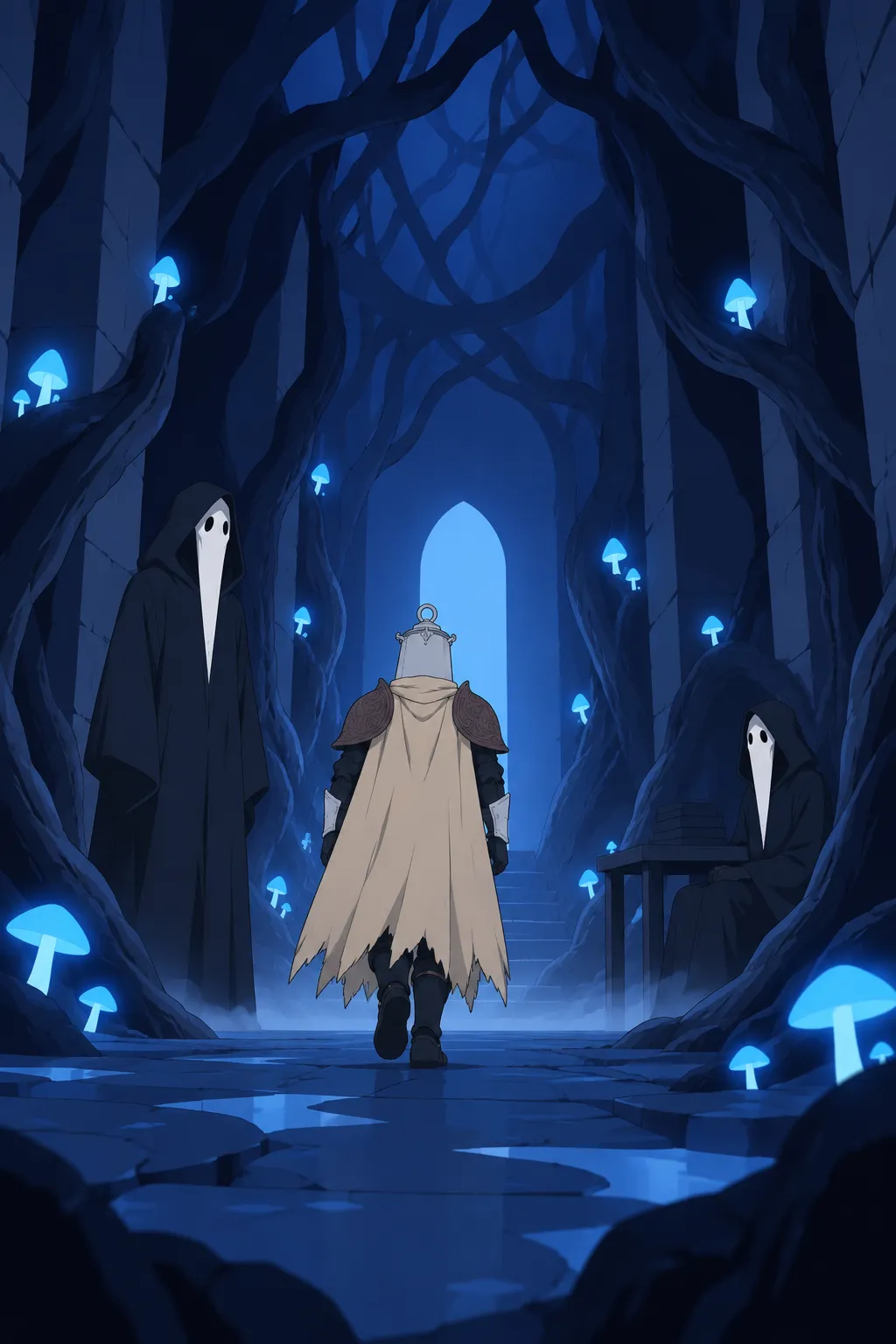 Low angle wide reveal of the corridor: Lanterne walks toward the glowing doorway at the far end.