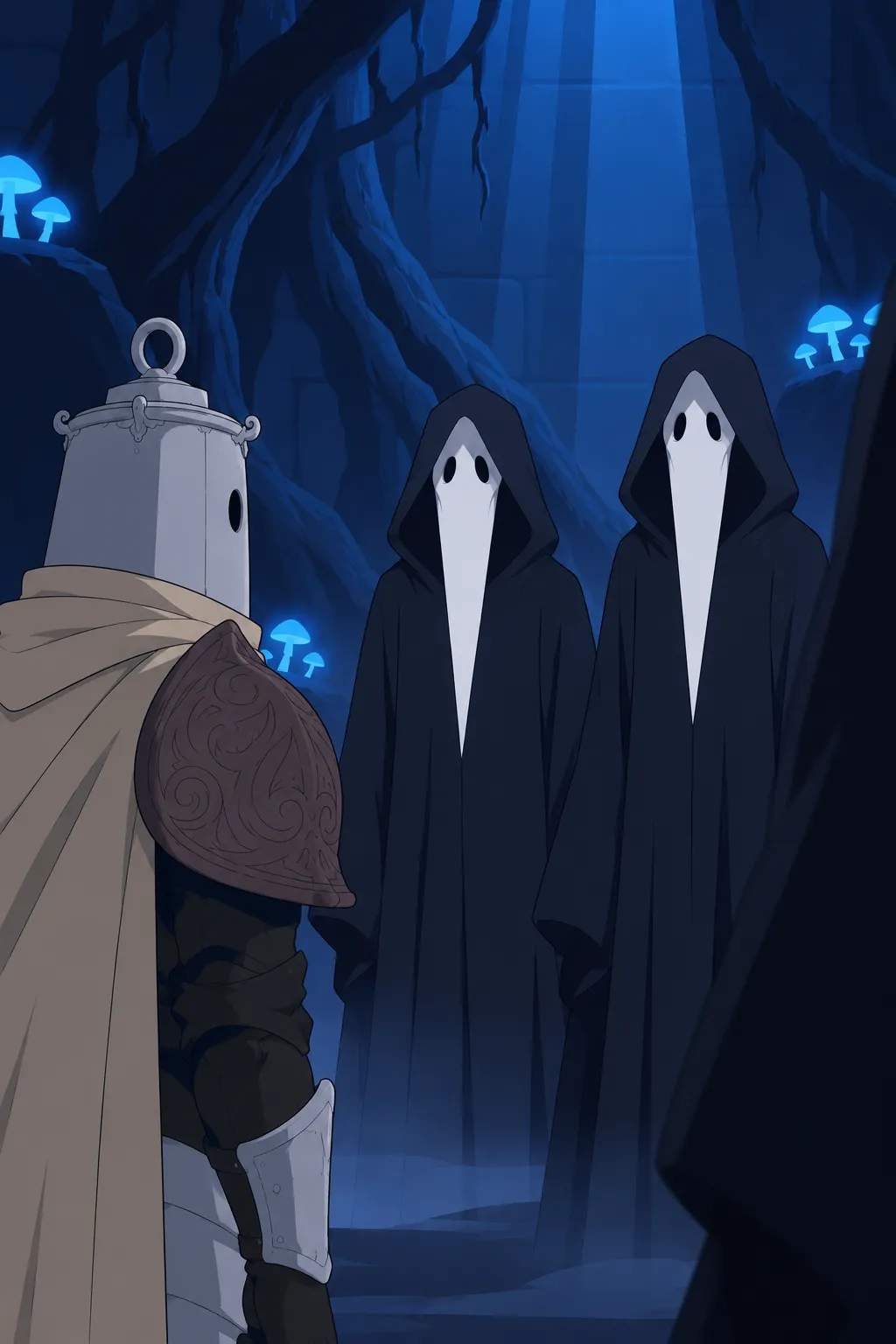 Medium shot from behind Lanterne's shoulder, his helmet turned toward the two identical pale-masked hooded figures standing close in front…