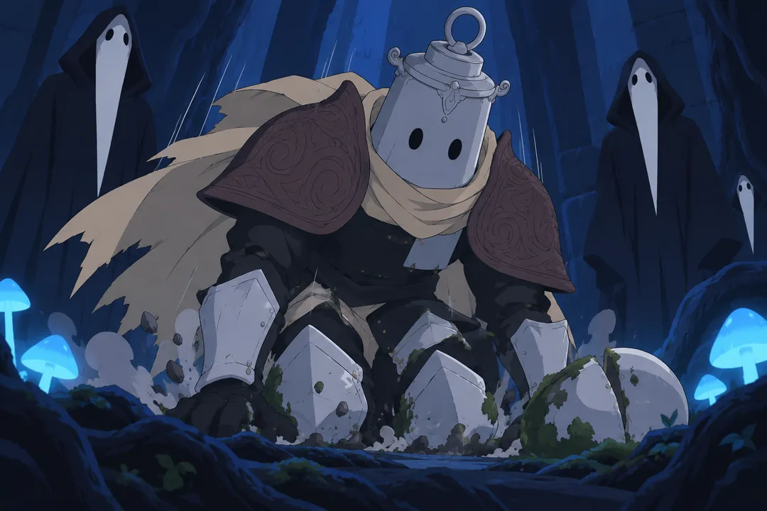 Extreme close up on Lanterne's steel knee plates slamming down onto the stone floor amid moss and roots.