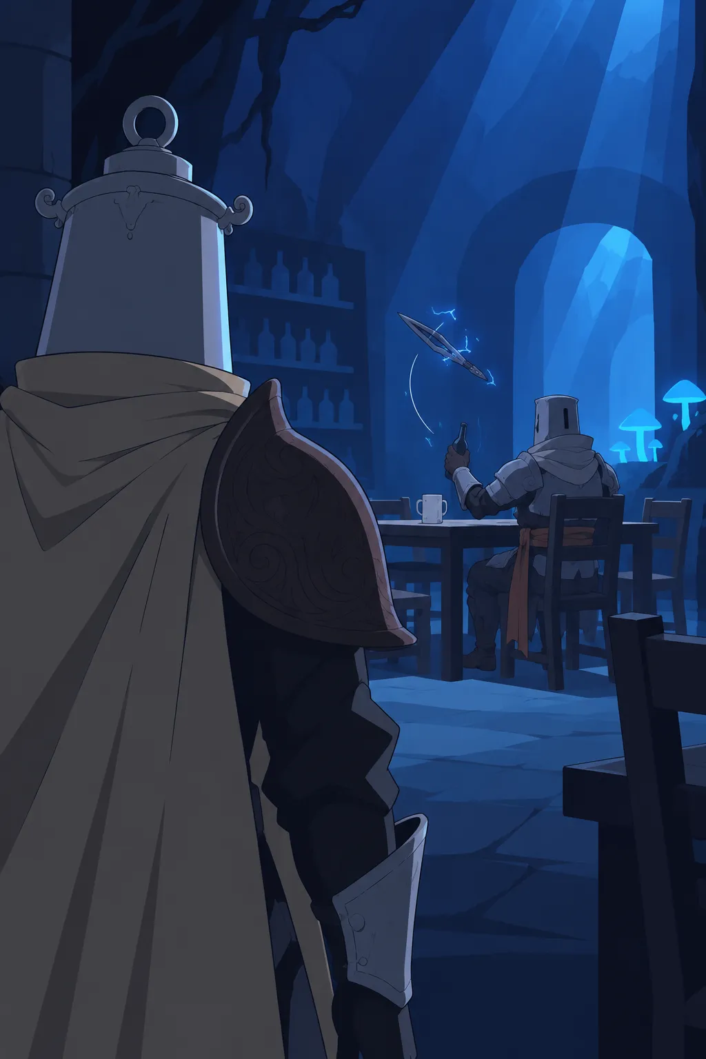 Close view from behind Lanterne's helmet and shoulders looking into a lit tavern room where a second armoured figure sits at a wooden…