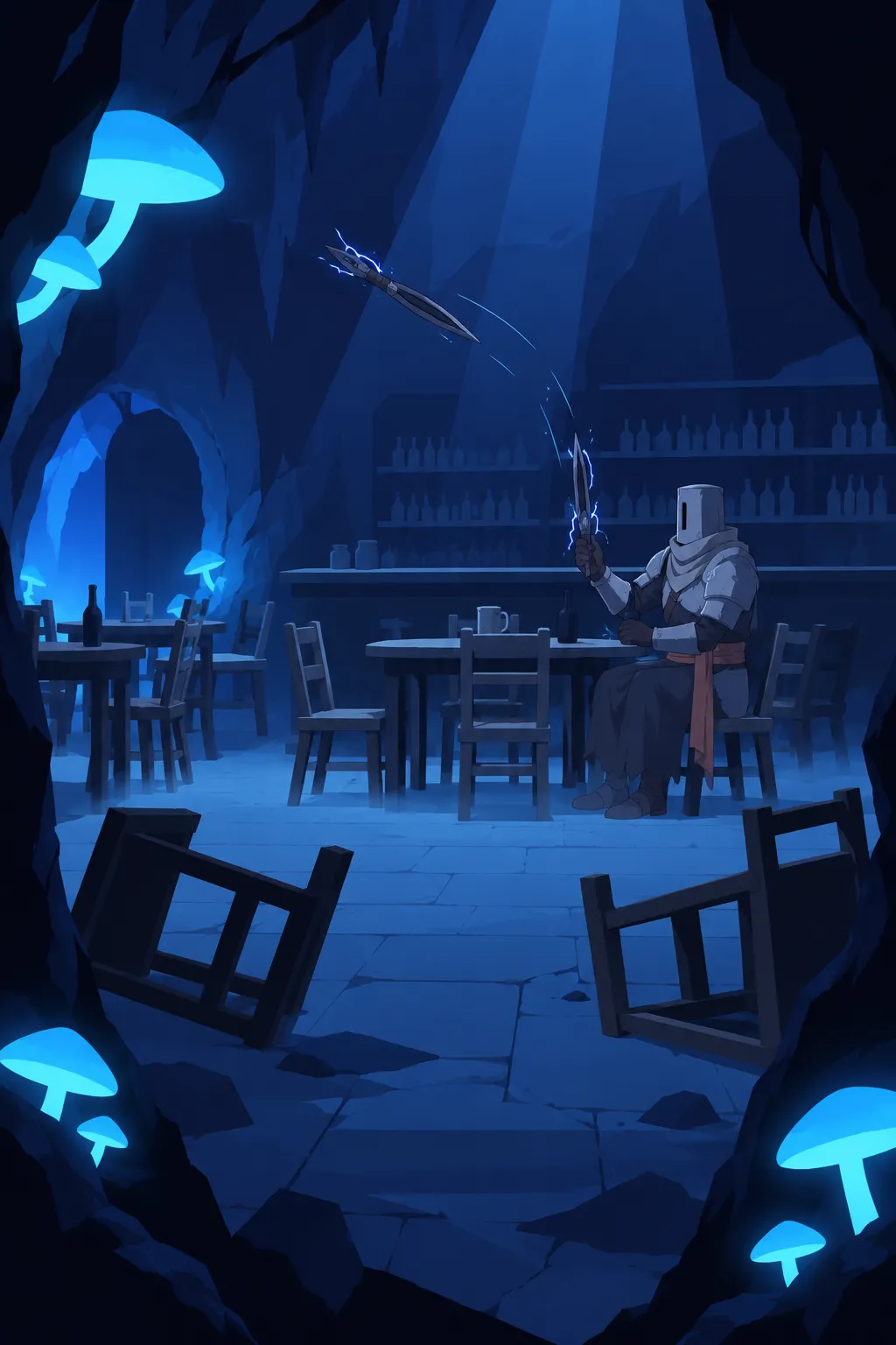 Wide view of the entire tavern room, rows of dusty bottles glimpsed as pale shapes on distant shelves behind the bar.