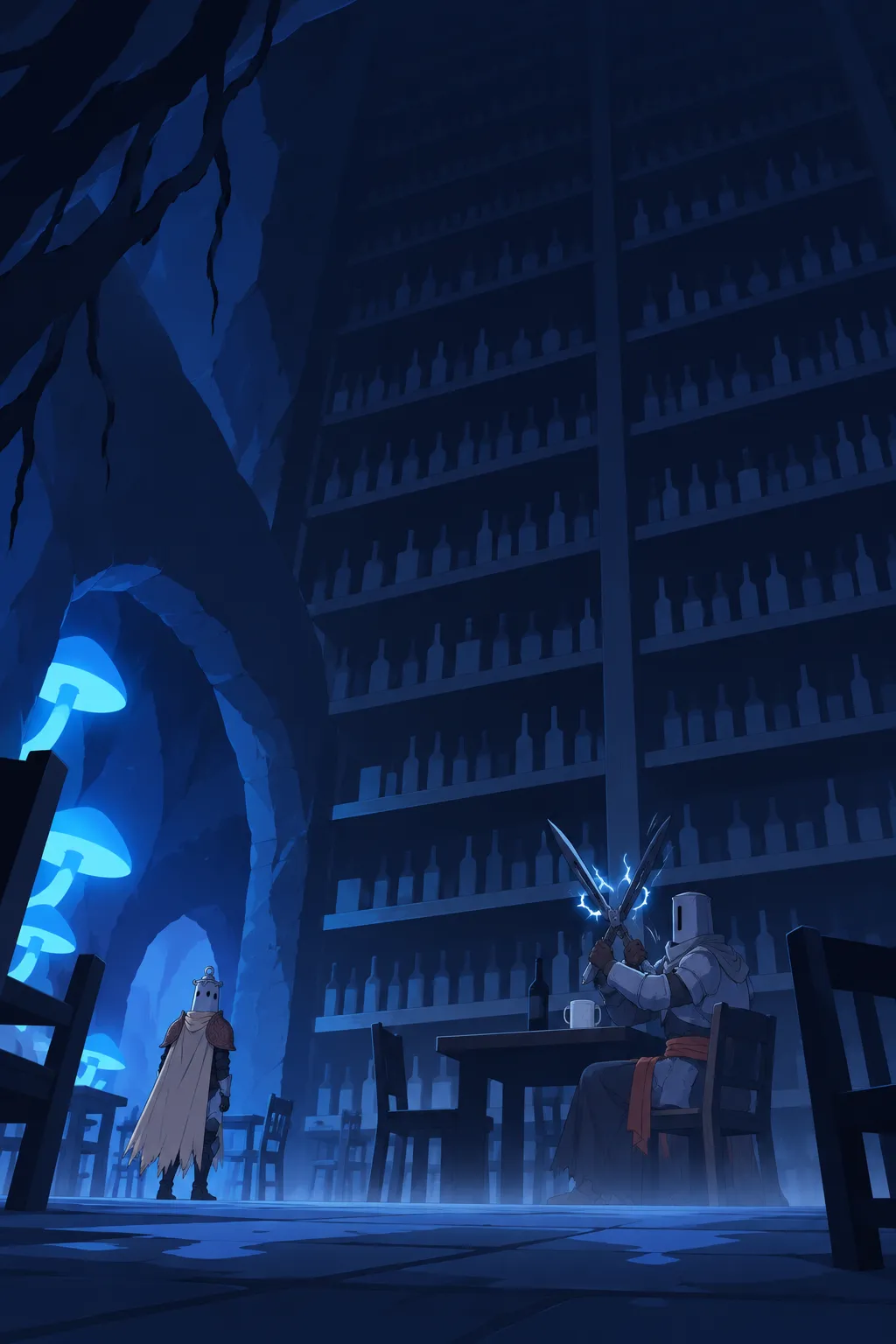 Tall low angle shot of the tavern's back wall, rows upon rows of dusty bottles rising on shelves that tower into the cave shadows.