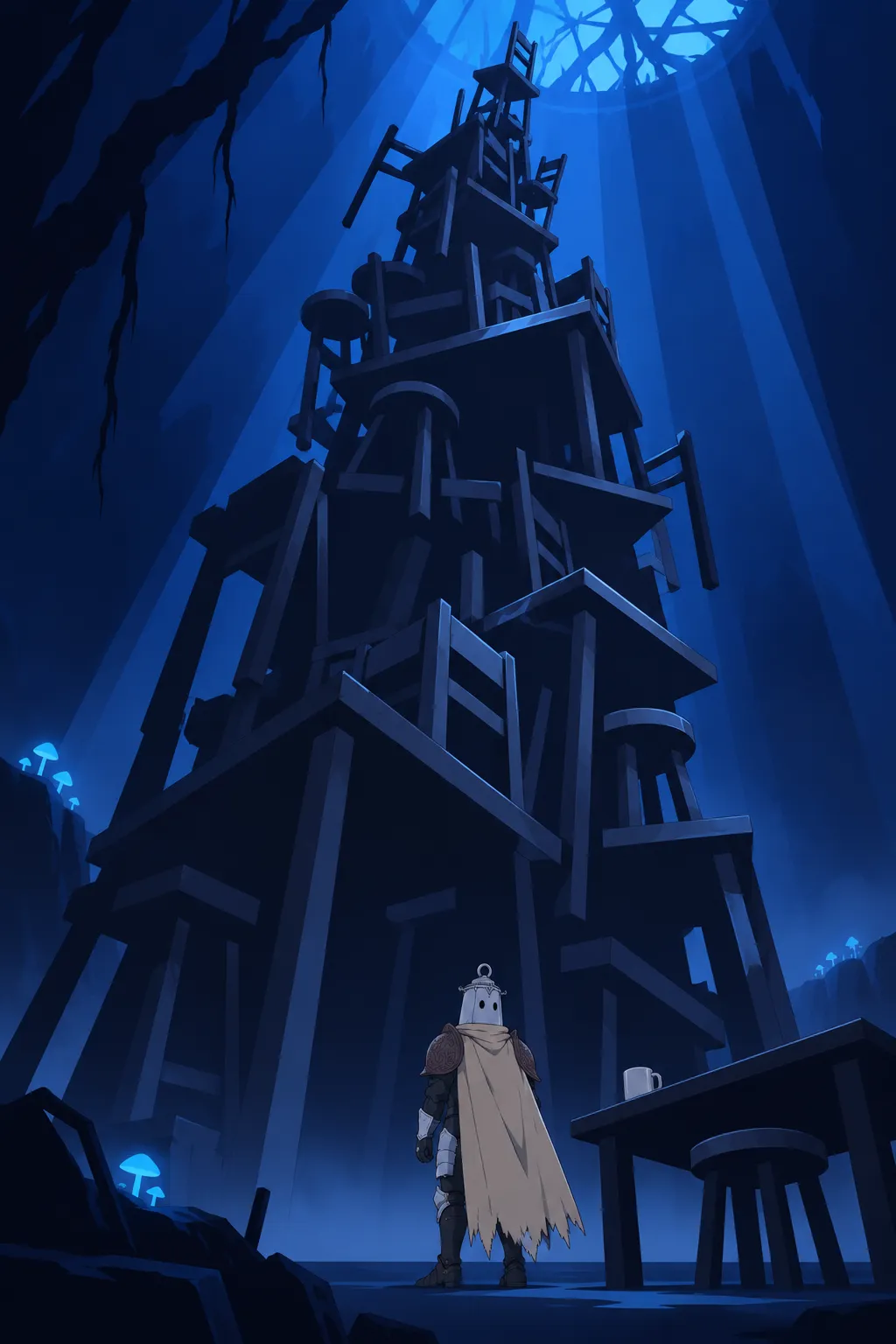 Very tall low angle shot of the stacked wooden chairs and stools now risen to their full jagged height, dark against the cave shadows.