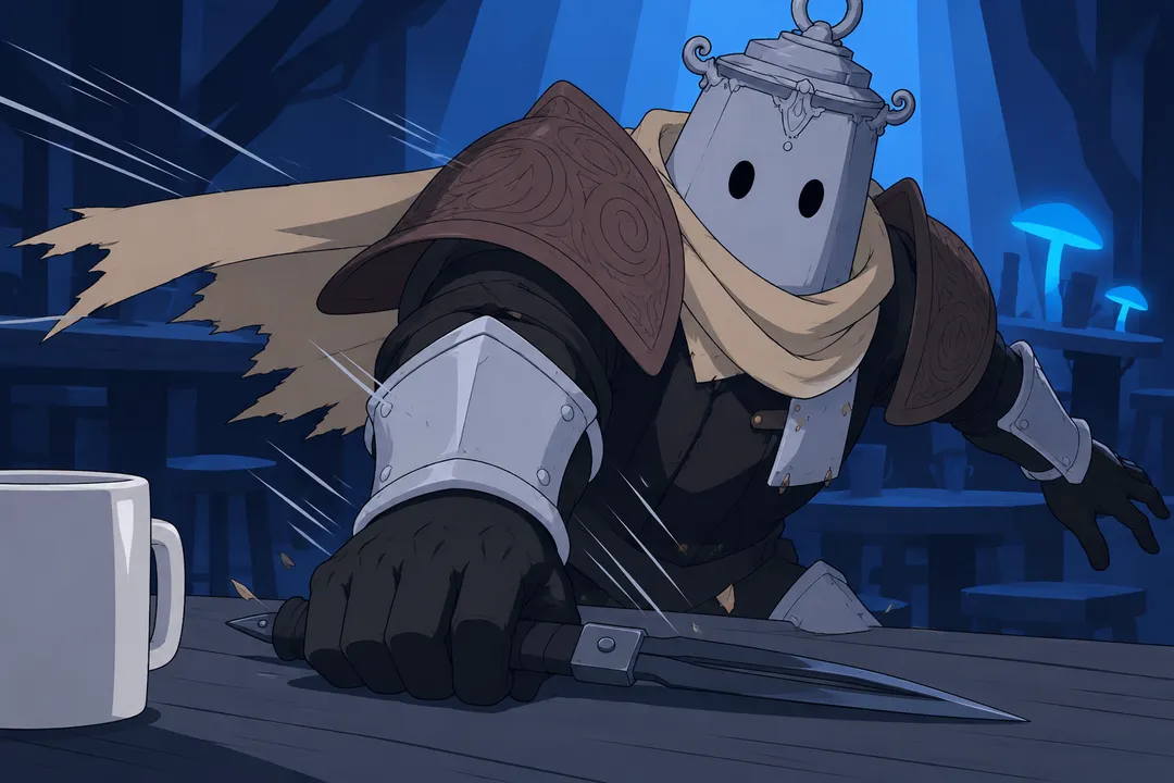 Close-up on Lanterne's second gauntlet snapping down toward the table where another thin dark blade rests.