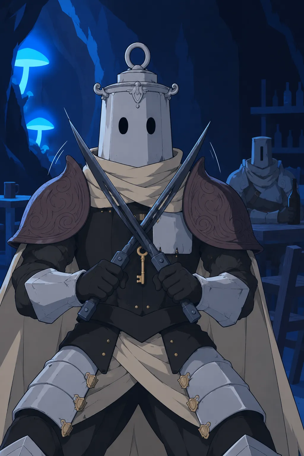 Close shot on Lanterne holding two long thin dark blades crossed in front of his chest plate, gold key glinting between the crossed steel.