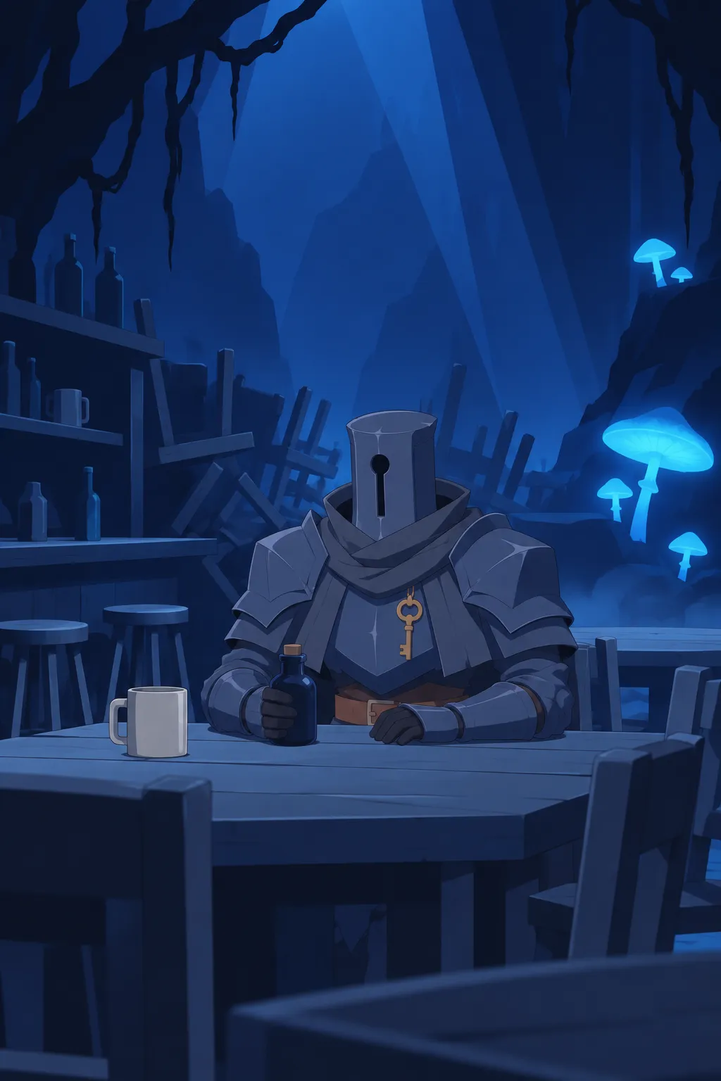 Wide shot of Serrure seated calmly at the wooden table amid stacked chairs, glowing blue mushrooms, and shelves of bottles.