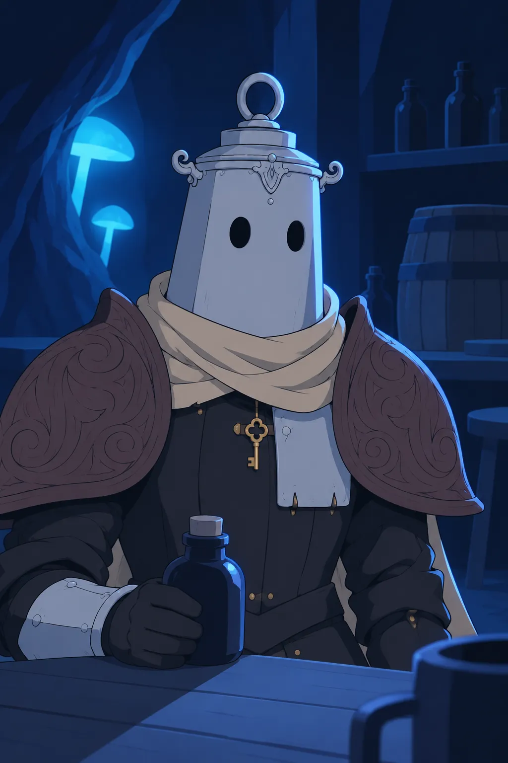Close-up on Lanterne's lantern-shaped helmet and shoulders, gold key-shaped pendant catching the blue light.