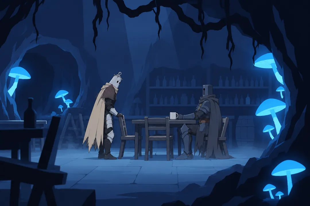 Wide shot of the underground tavern: Lanterne stands hesitating beside a wooden chair near the table.