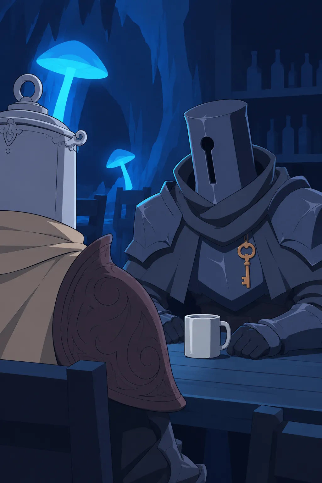 Same close framing, Serrure's dark helmet tilted slightly toward Lanterne as he speaks.