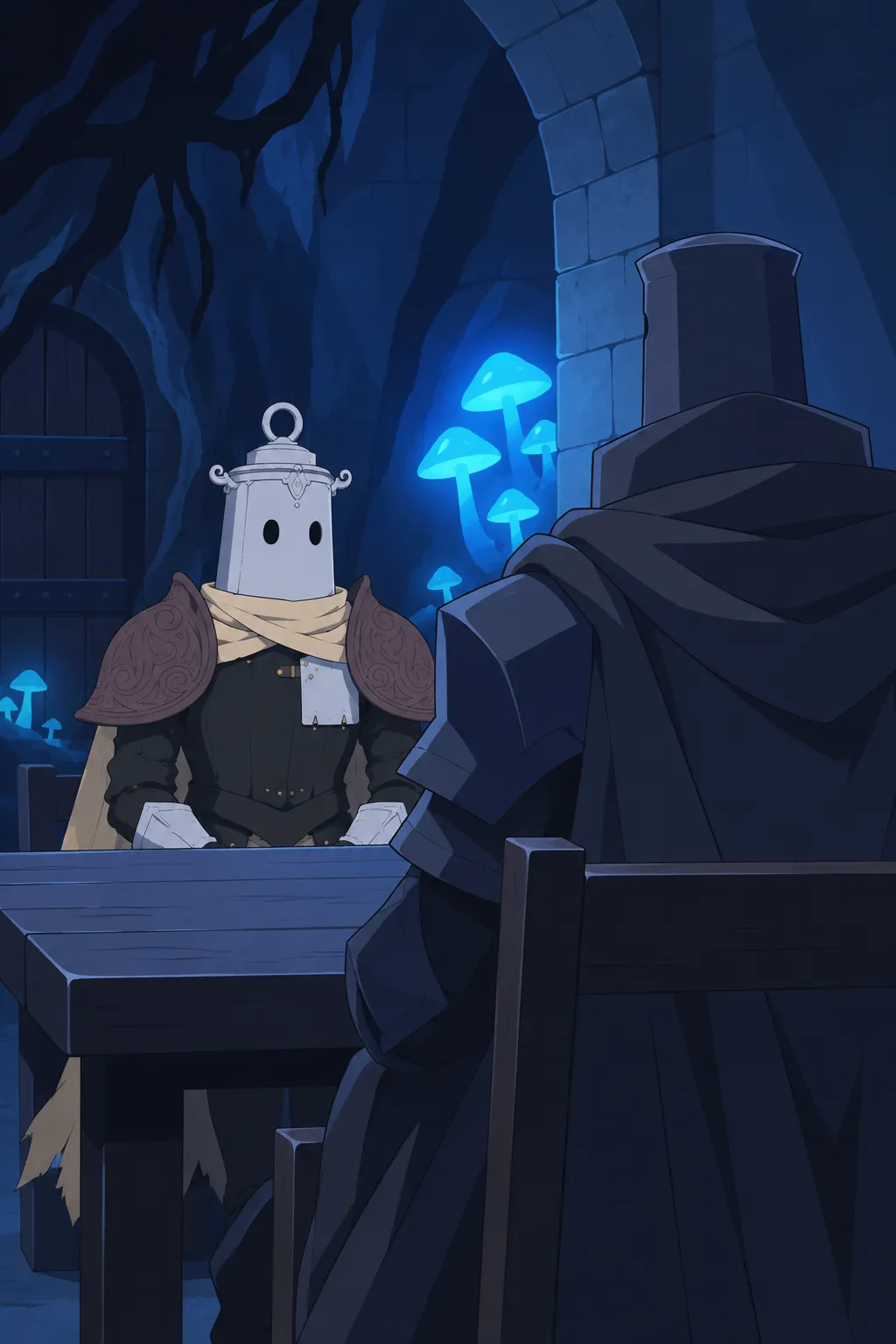 Wide shot of Lanterne sitting stiffly at the wooden table, pale lantern helmet upright.