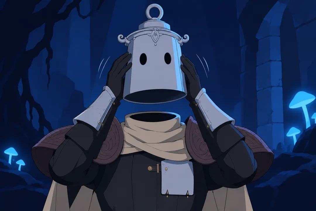 Close-up as the pale lantern helmet is lifted clear of the neck, the dark hollow opening starting to appear beneath.