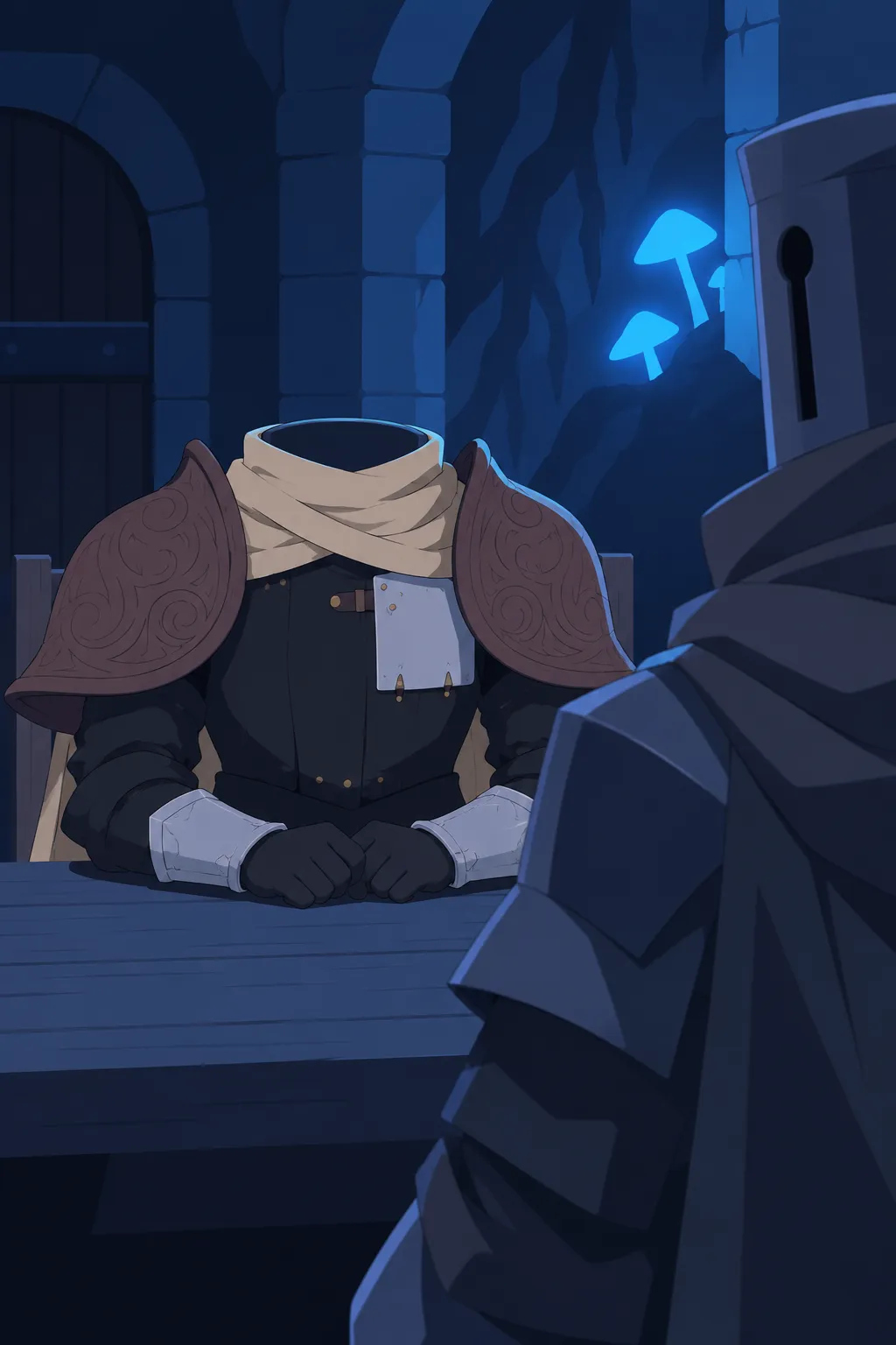 Medium close-up of Lanterne sitting rigid at the table, headless, the cream scarf wrapped around a dark hollow neck opening.