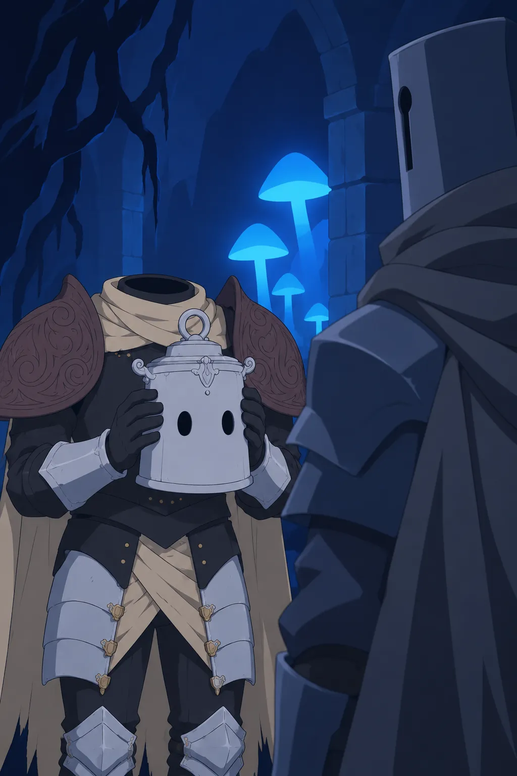 Close-up on Lanterne's gauntlets holding his own pale lantern-shaped helmet at chest height, the dome and vertical slit clearly readable.