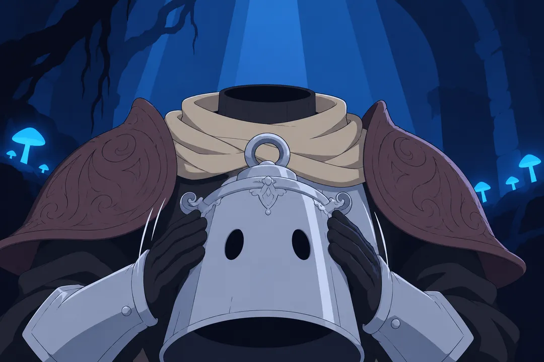 Close-up from below on the helmet's open base rising toward the dark hollow neck opening, the cream scarf and pauldrons framing it.