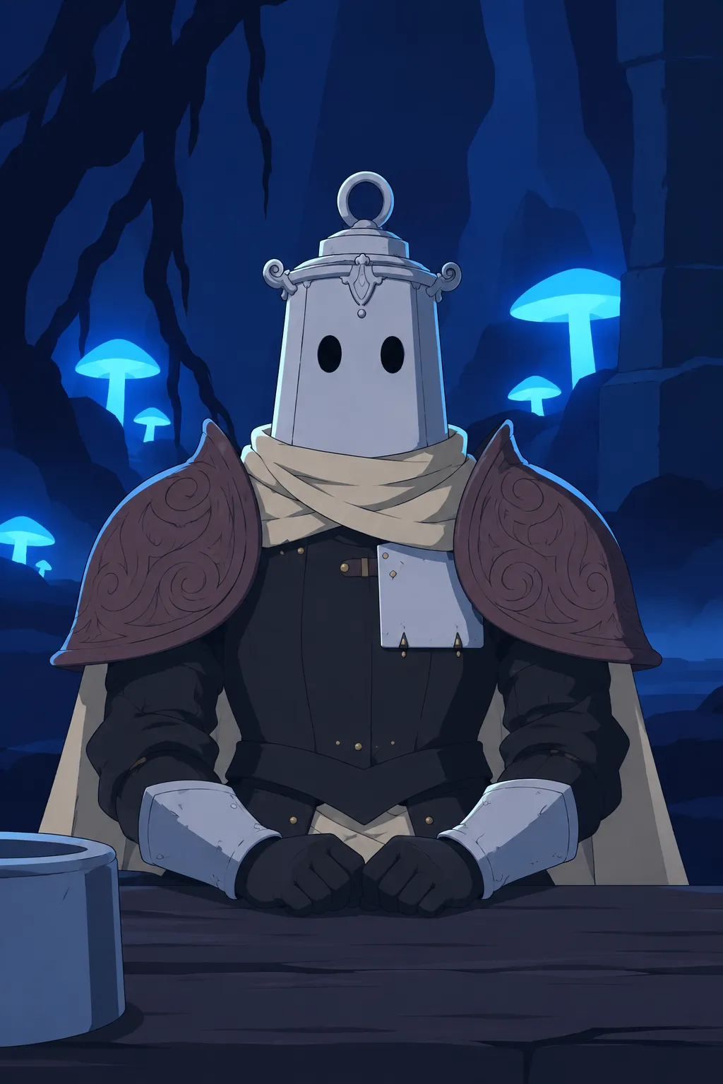 Medium close-up of Lanterne seated rigid at the wooden table, the pale lantern-shaped helmet now fully back on his head.