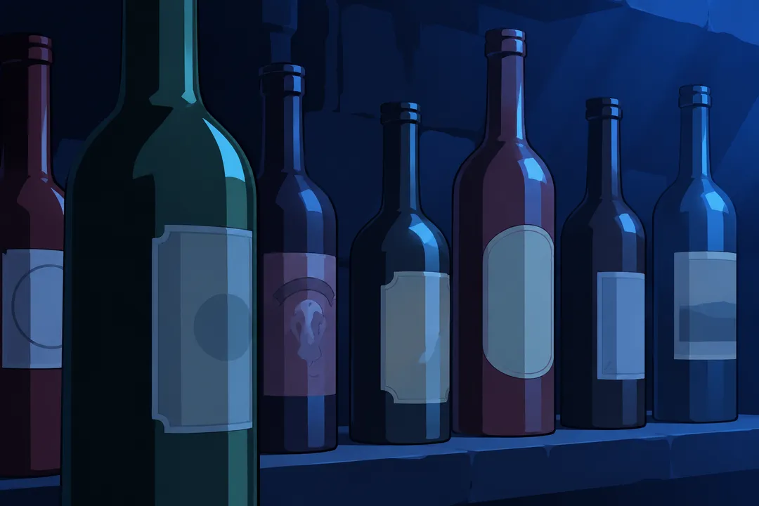 Close-up on a row of wine and liquor bottles of different shapes and colours crowded on a dim shelf, dark green, dark red, dark bronze.