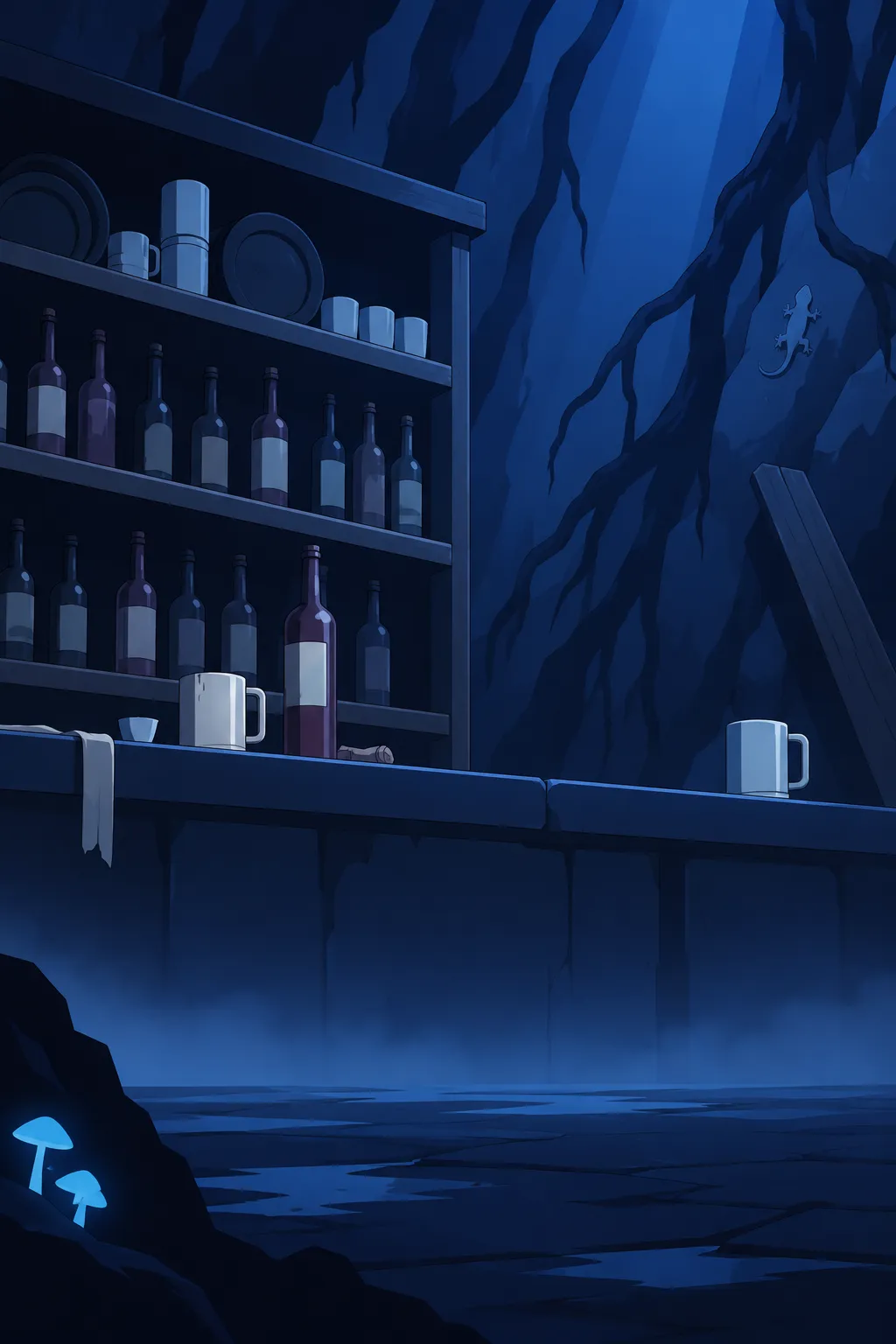 Wide, low angle shot revealing the full tavern shelf, stacked cups and plates above, rows of bottles below.