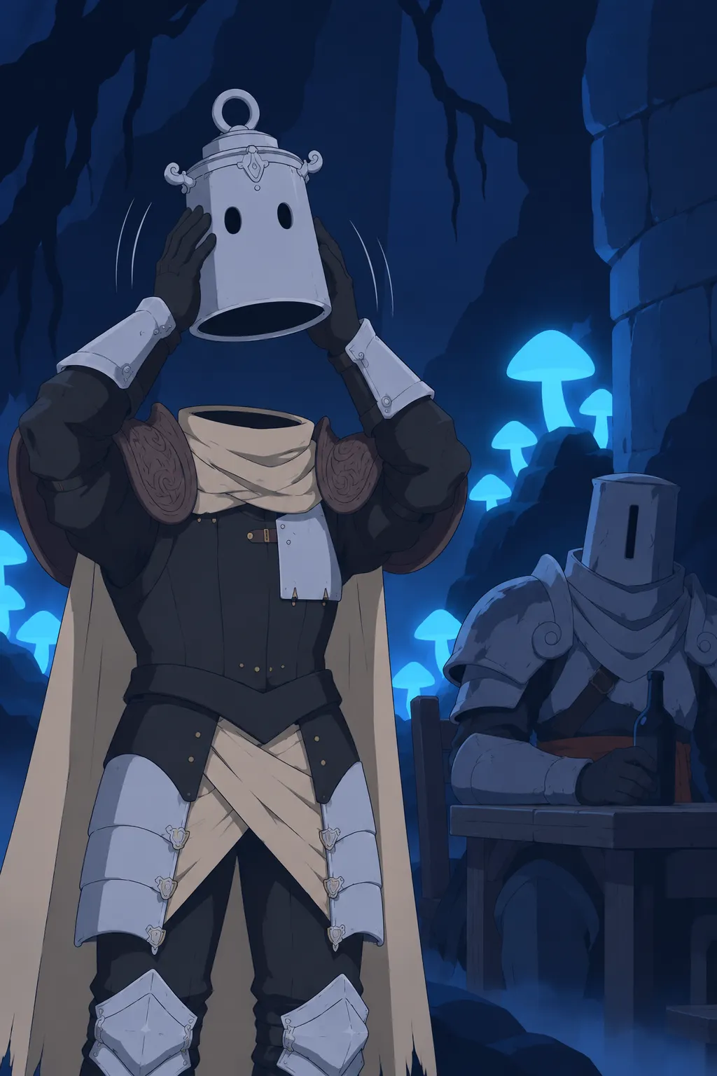 Medium close-up of Lanterne lifting his lantern-shaped helmet off his head with both gauntlets.