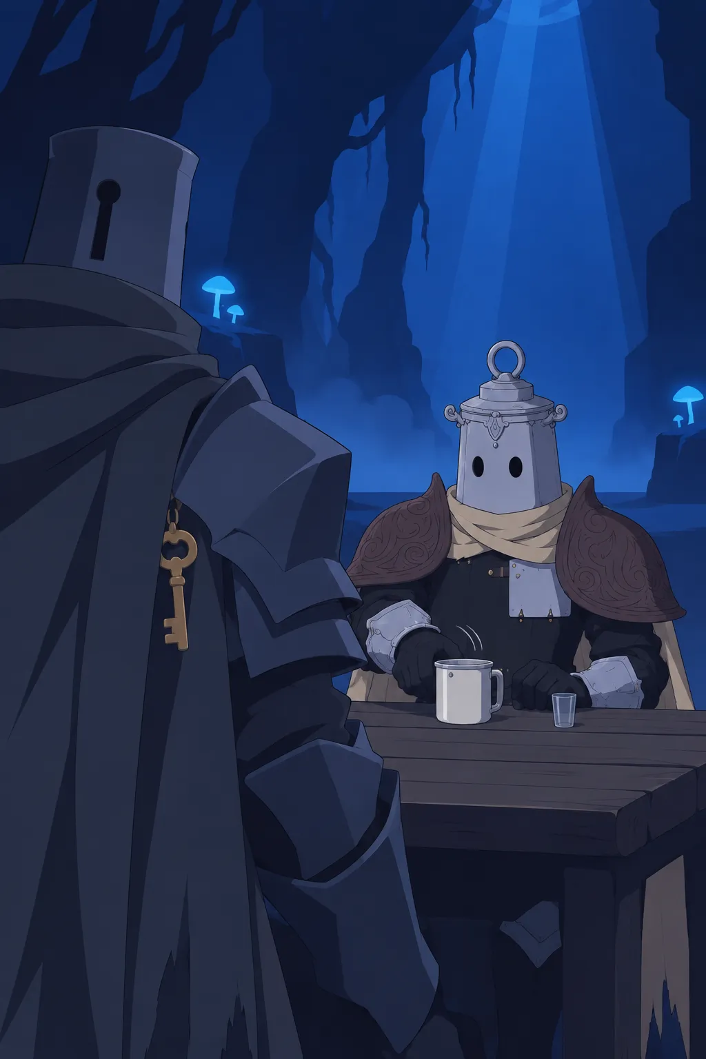 Wide shot from behind Serrure's pauldron and cape toward Lanterne seated at the wooden table.
