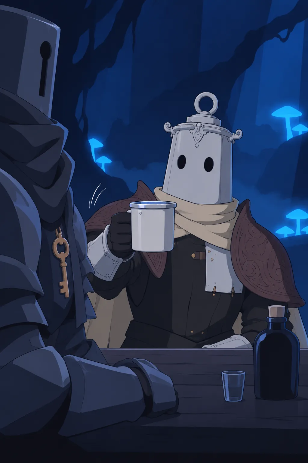 Close-up on Lanterne's gauntlet holding the white mug with a metal rim out and up from the table.