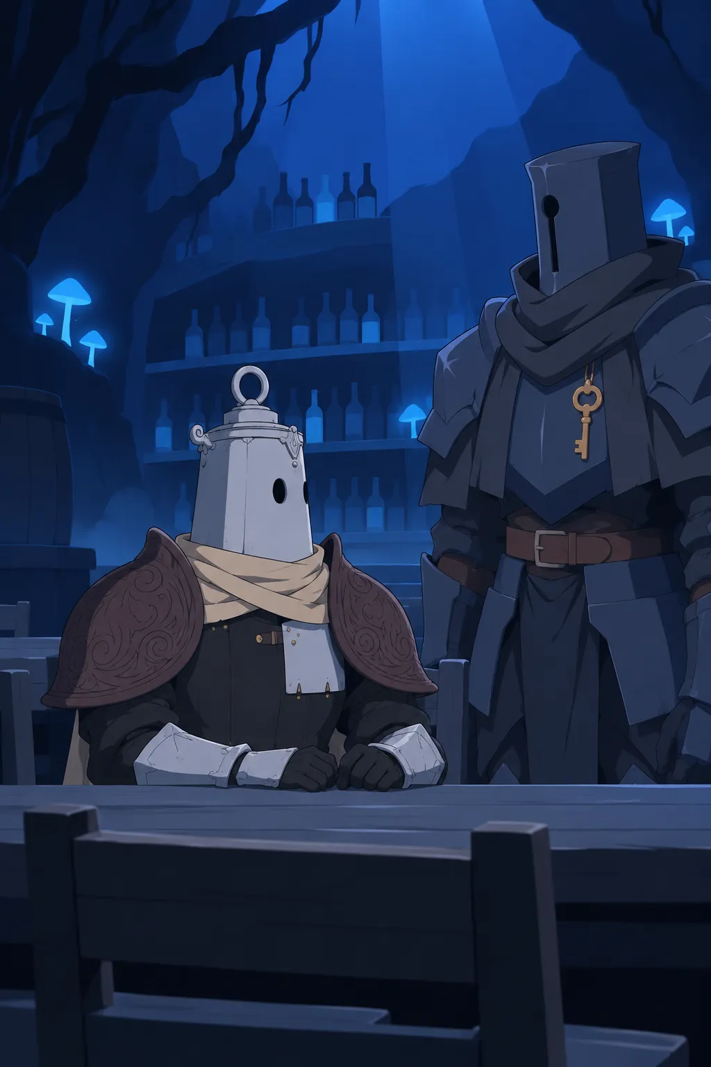 Medium shot of Lanterne at the table, his hollow helmet turned toward Serrure and the rows of bottles, gauntlets still on the table.