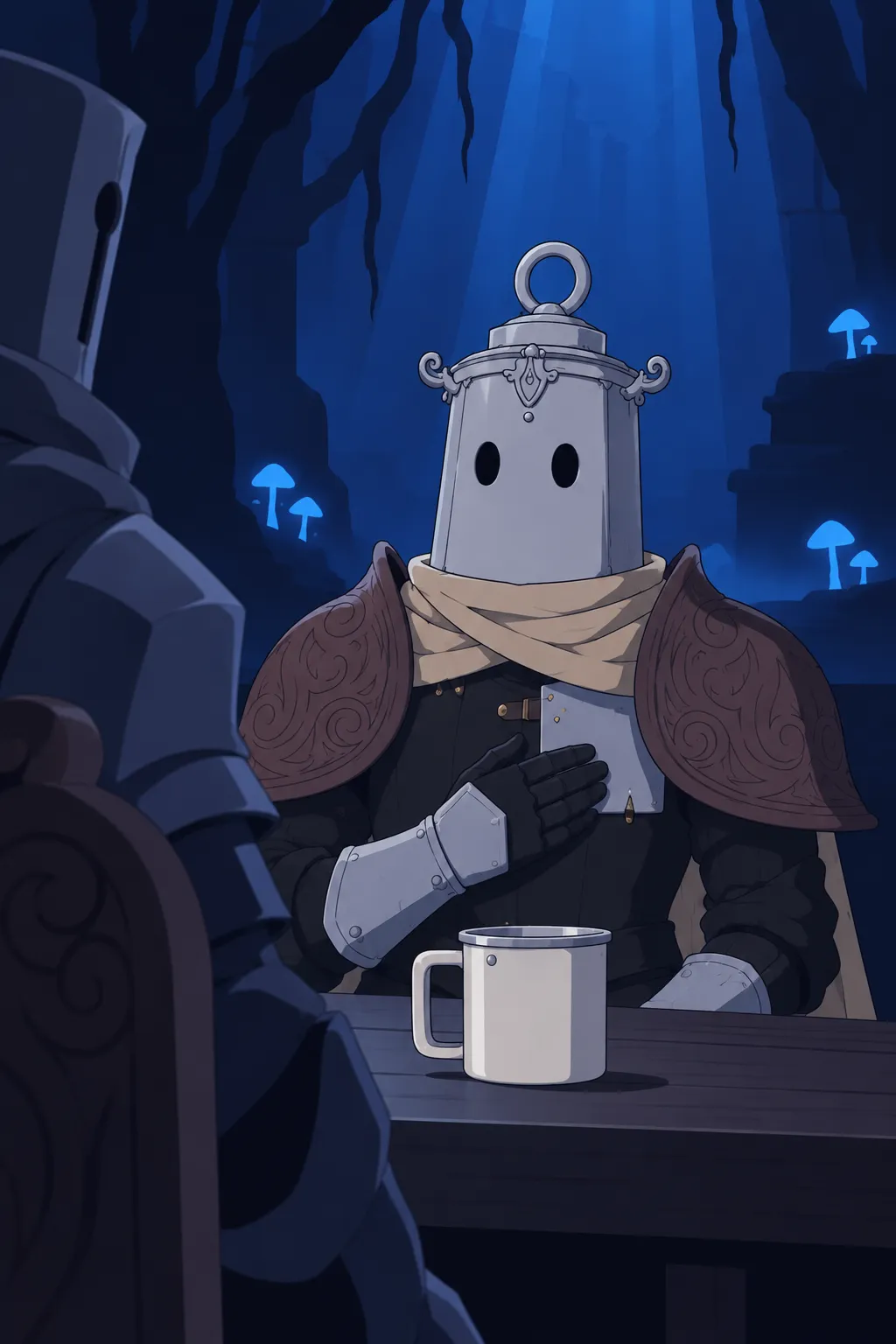 Medium close-up on Lanterne, his gauntlet pressed flat against his chest plate.