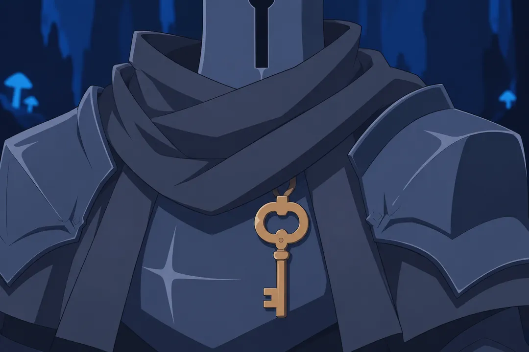 Same extreme close up on the golden key against Serrure's chest plate, the subtitle line landing here as his voice continues from off-panel.