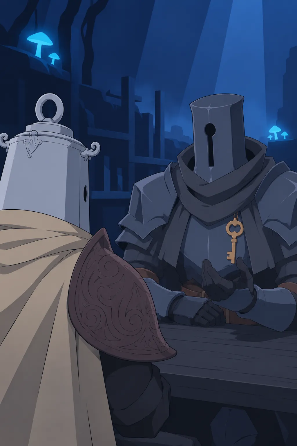 Medium close-up over Lanterne's shoulder, his cream scarf and the back of his lantern helmet filling the left of frame.