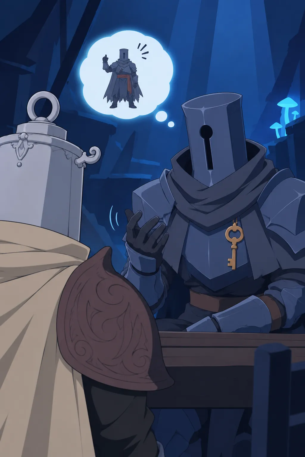 Medium close-up over Lanterne's shoulder toward Serrure, the glowing thought bubble above Serrure's helmet showing the tiny armoured…