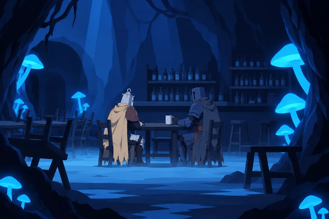Wide shot of the sunken tavern, Lanterne seated at left with his back partly to camera and Serrure at right holding a white mug with metal…