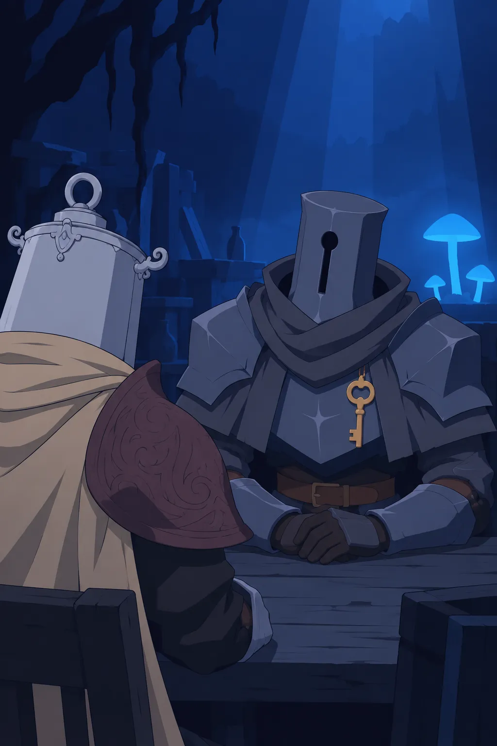 Close view of Serrure facing Lanterne across the table, the golden key catching the blue light on his chest.