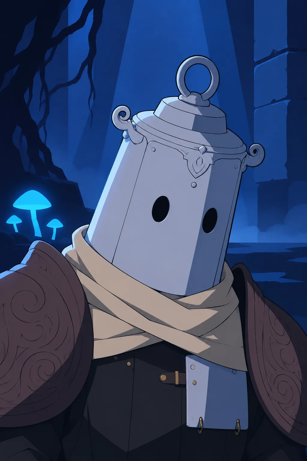 Close view of Lanterne's lantern-shaped helmet, head tilted slightly downward and to the side, the faint glow of a mushroom behind him.