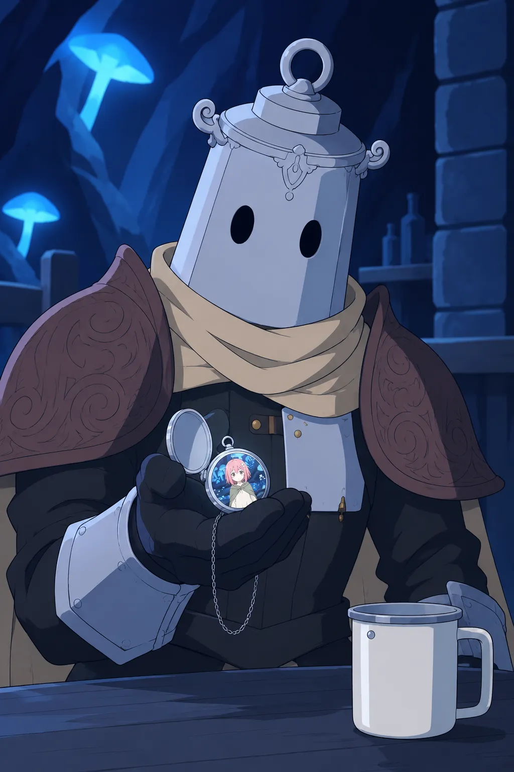 Medium close-up on Lanterne's gauntlet holding the small silver pendant out in front of his chest.