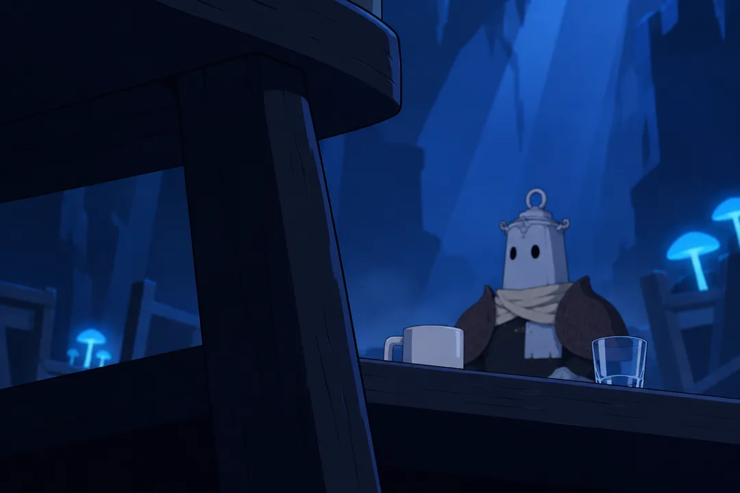 A fragment of a stacked wooden stool looms huge and half hidden in the foreground shadow at the edge of the table.