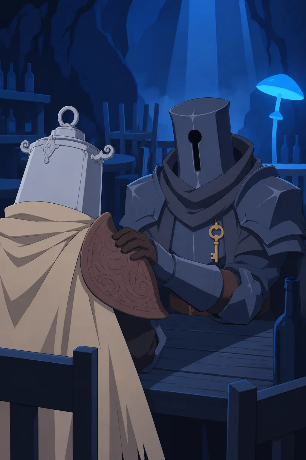Serrure leans forward across the table, his gloved hand resting near Lanterne's shoulder.