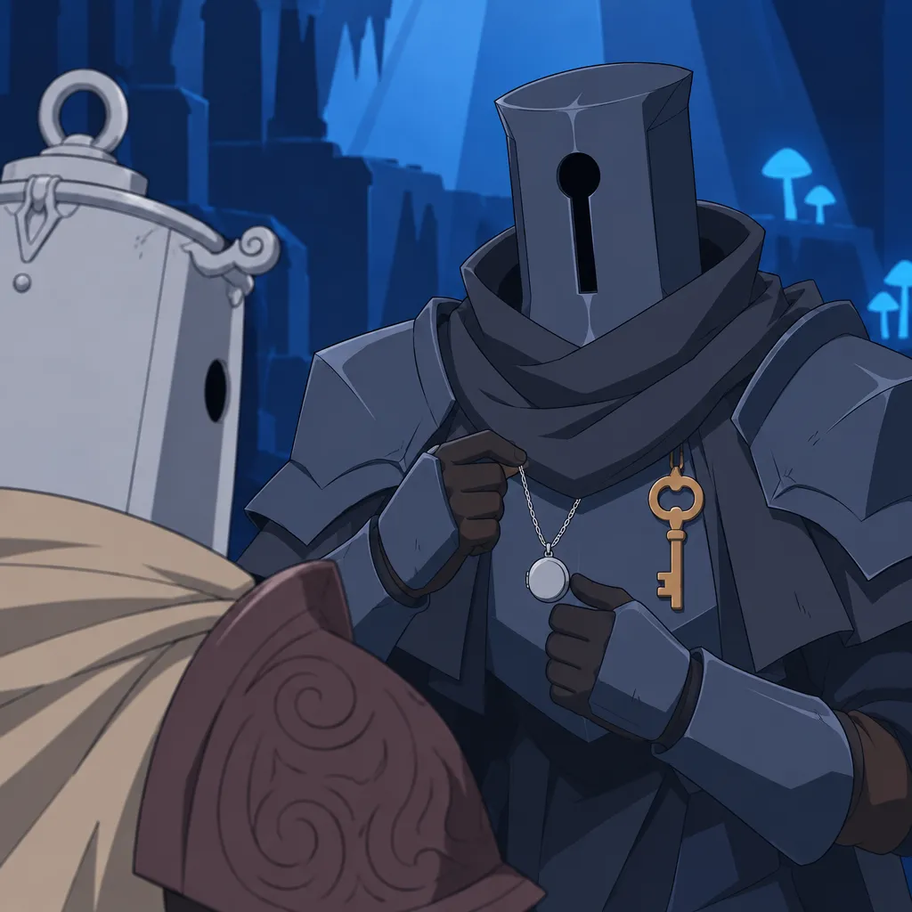 Close shot at the tavern table: Serrure, his tall dark helmet with the vertical keyhole slit on his head.