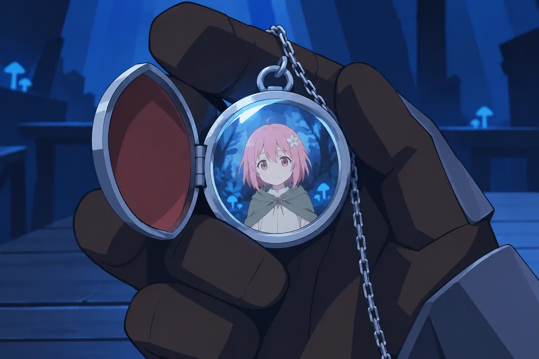 Extreme close-up on the round silver locket pendant now open in Serrure's brown-gloved hand.