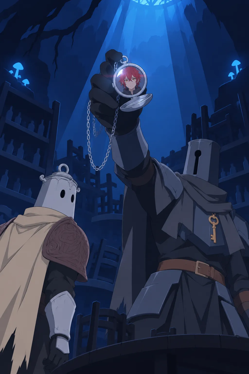 Low angle wide reveal of the open pendant held high between the two knights, the painted portrait of a red-haired.