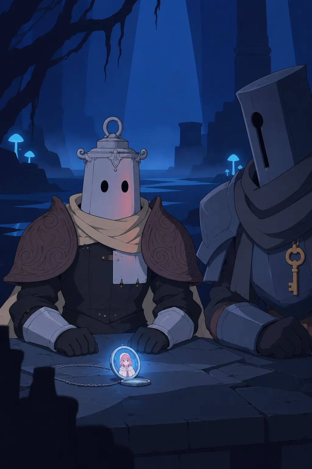 Lanterne's whole body is turned toward the glowing pendant, frozen still, his empty gauntlets resting on the table.