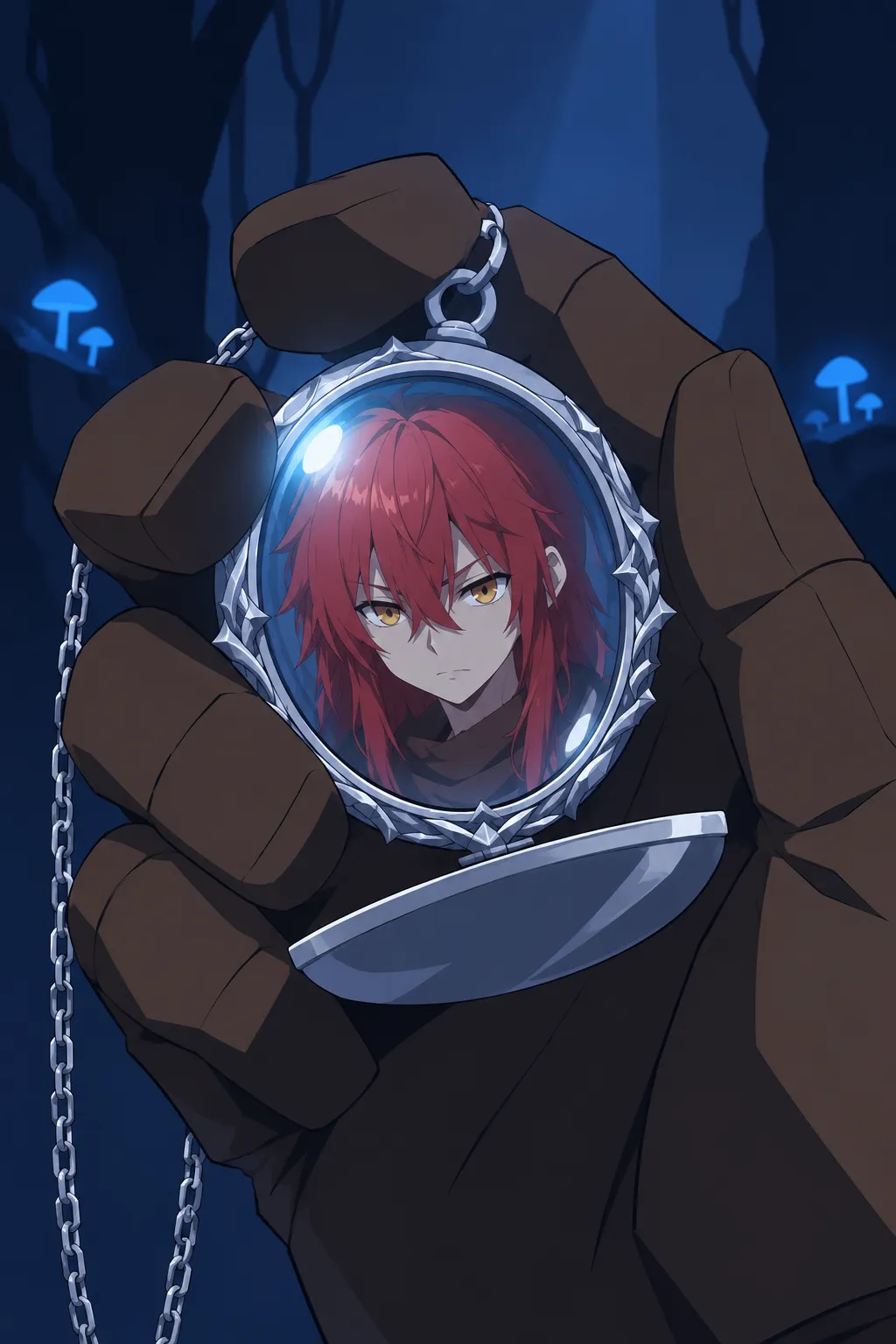 Extreme close-up on the open silver pendant held between Serrure's brown gauntlet fingers.