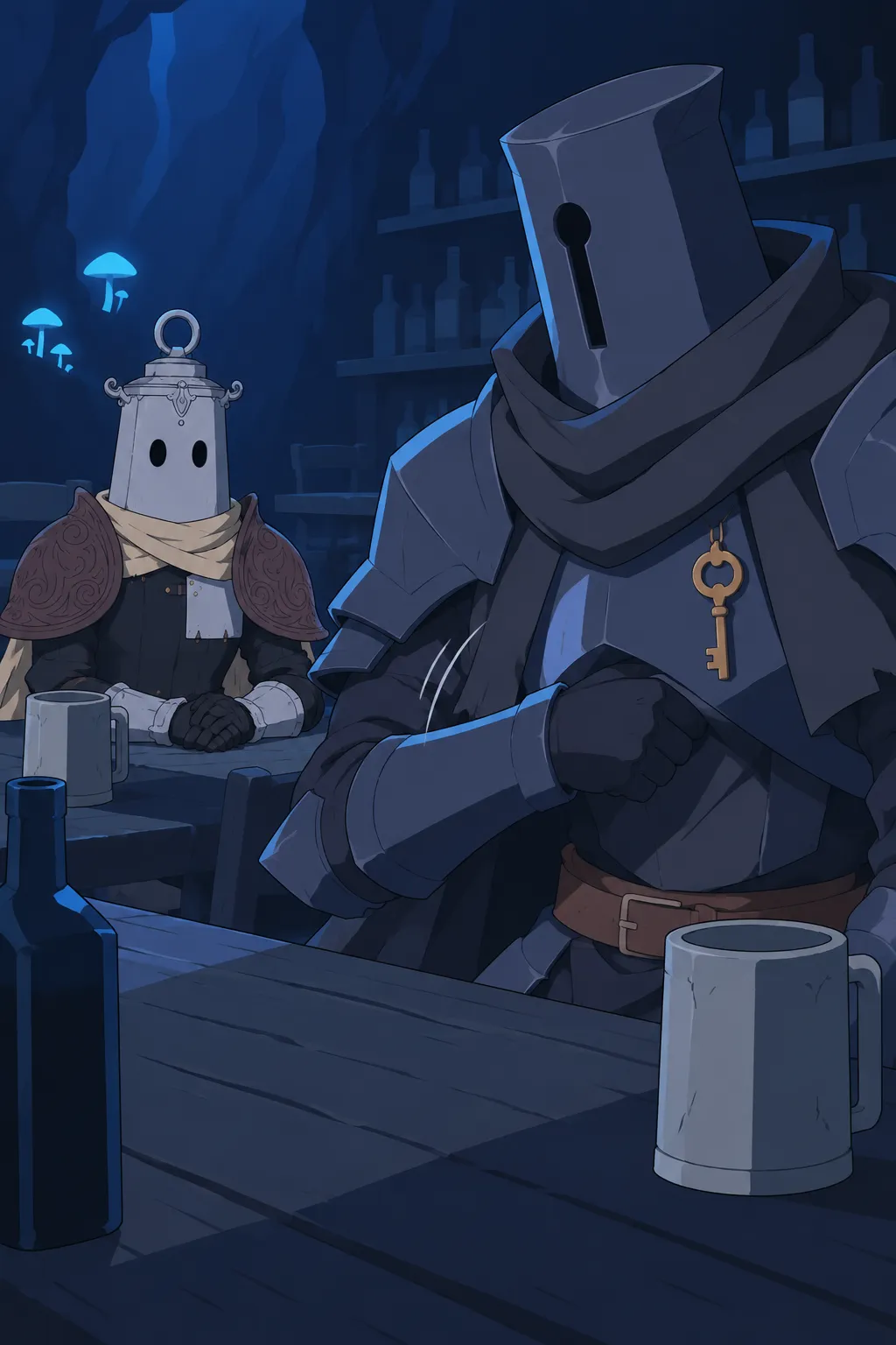 Medium close-up on Serrure's dark gauntlet reaching down under the edge of his own chest plate where the pendant hides.