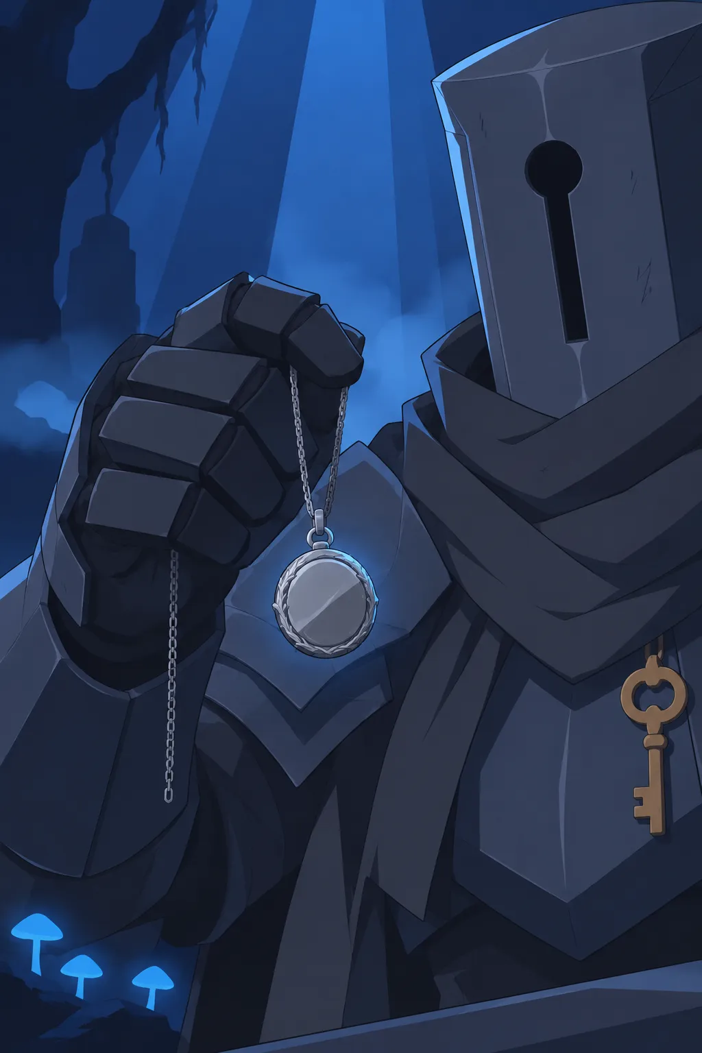 Close-up on Serrure's dark gauntlet holding the closed oval silver pendant just pulled free.