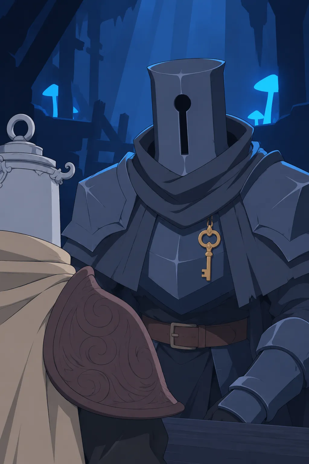 Close-up on Lanterne's golden key held out plainly on its chain in front of his chest plate.