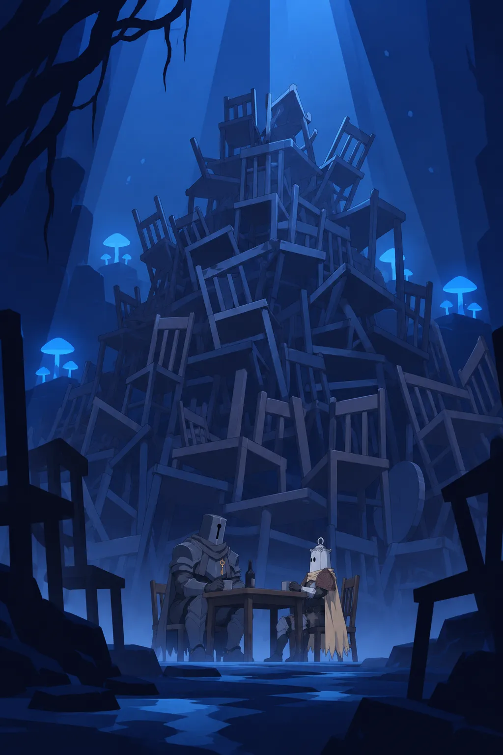 Wide low-angle shot revealing the full jumble of stacked and scattered wooden chairs rising behind the table against the glowing blue…